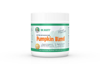 Front view of a white container with green label for Dr. Marty Pumpkin Blend powder, 3.12 oz