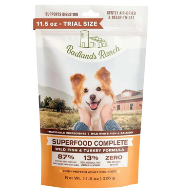 Front view of a Badlands Ranch packaged dog food bag labeled 'Superfood Complete Wild Fish & Turkey Formula' in 11.5 oz trial size.