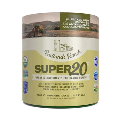 Front view of a Badlands Ranch Super20 organic supplement powder jar with green and beige labeling.