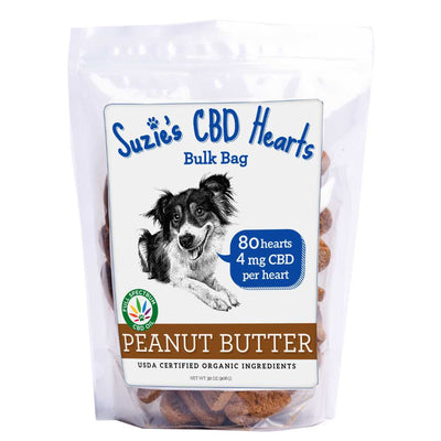 Front view of a packaged product labeled Suzie's CBD Hearts Bulk Bag with peanut butter flavor.