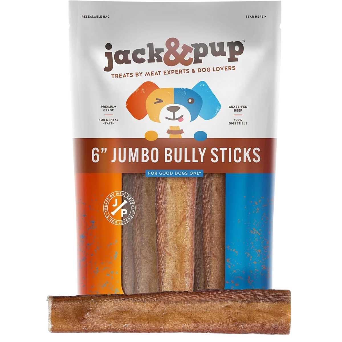 Packaged Jack & Pup 6" Jumbo Bully Sticks with visible dog treats inside the resealable bag.