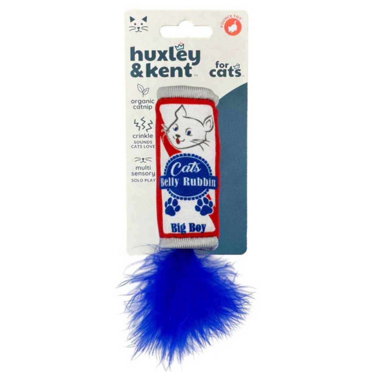 Packaged Huxley & Kent Cats Belly Rubbin cat toy with blue feather attachment.