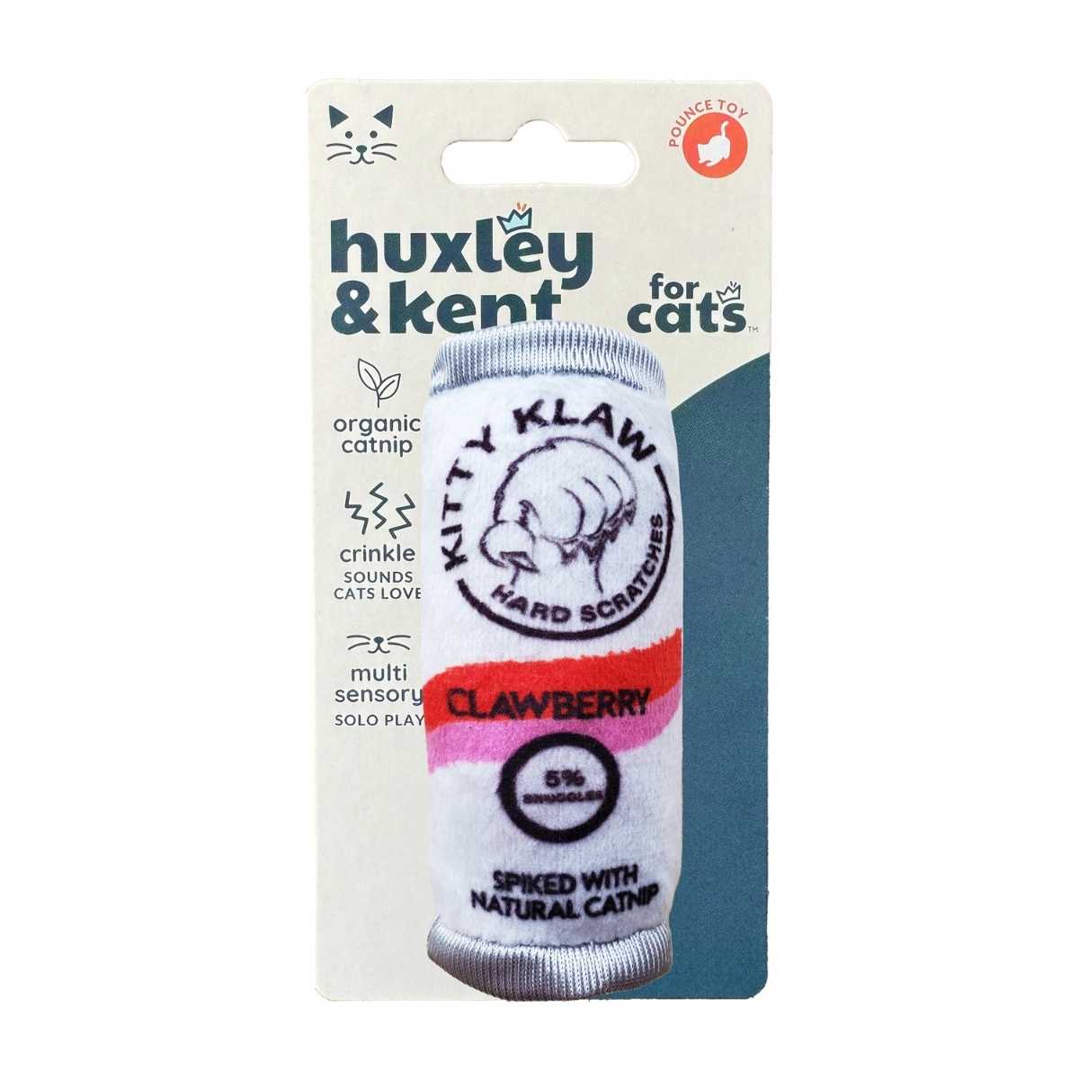 Packaged Huxley & Kent Kitty Klaw Clawberry cat toy with white and pink fabric, organic catnip label, and crinkle sound icon.