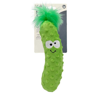 Packaged Huxley & Kent Cat Kicker Pickle plush toy with green fuzzy top and embroidered face.