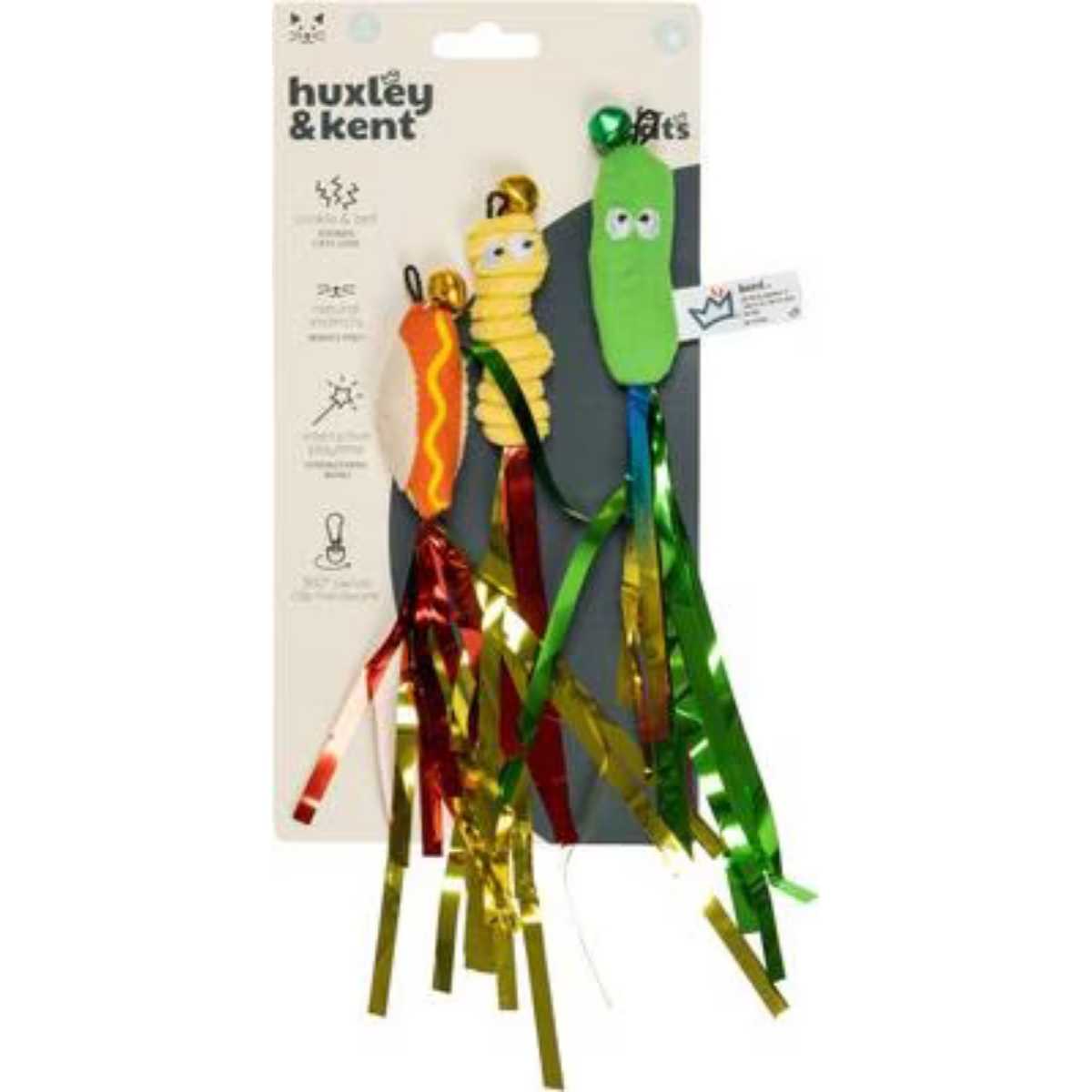 Packaged Huxley & Kent cat wand refill set with three colorful snake-shaped toys on a card.