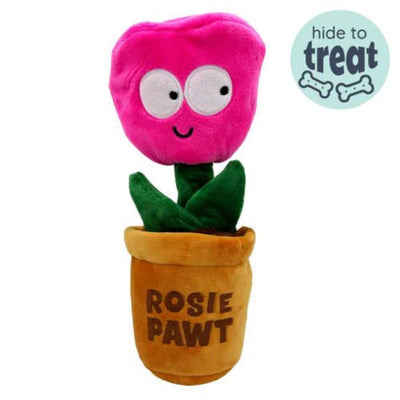 Front view of a plush potted plant with pink flower, green leaves, and brown pot labeled 'ROISIE PAWT'