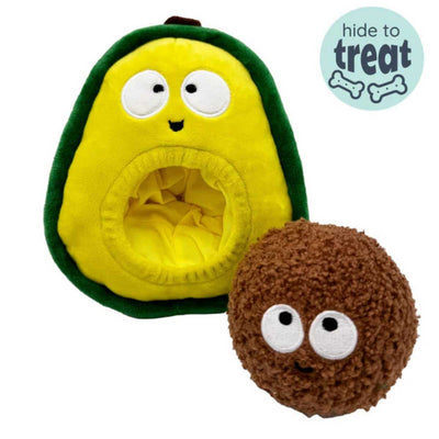 Huxley & Kent Dog Pop N Fetch Avocado LG plush toy with open mouth and brown pit ball, front view