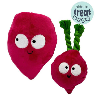 Two plush beet-shaped dog toys with green braided stems, one large and one small, both with white eyes and smiles.