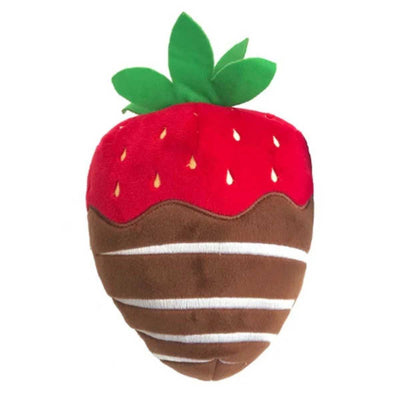 Front view of Huxley & Kent Dog Power Plush Chocolate Strawberry-LG plush toy with red top, brown chocolate coating, and green leaves.