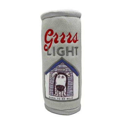 Front view of a gray plush can sleeve with red 'Grrrs' and gray 'LIGHT' text, featuring a doghouse illustration.