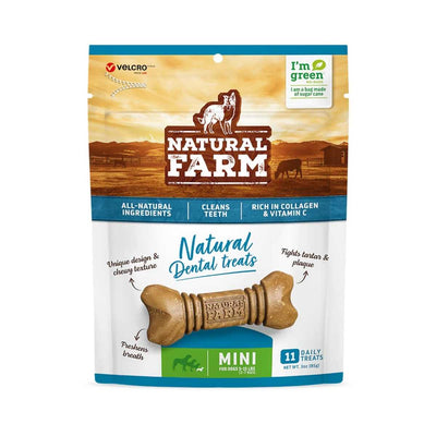 Front view of a packaged Natural Farm Mini Dental Treats bag with a bone-shaped treat illustration.