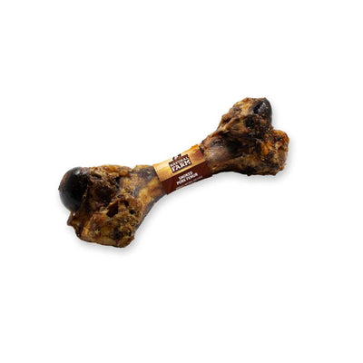 Natural Farm smoked pork femur bone with brown packaging label, front view, packaged product