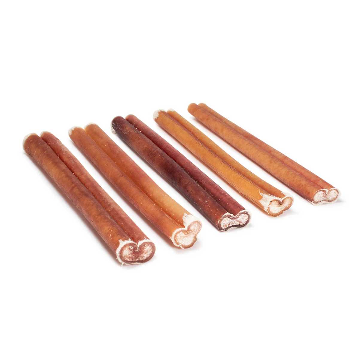 Close-up of six natural bully sticks in varying shades of brown, cut ends showing white interior
