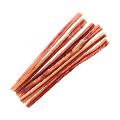 Close-up of six reddish-brown bully sticks arranged diagonally on white background