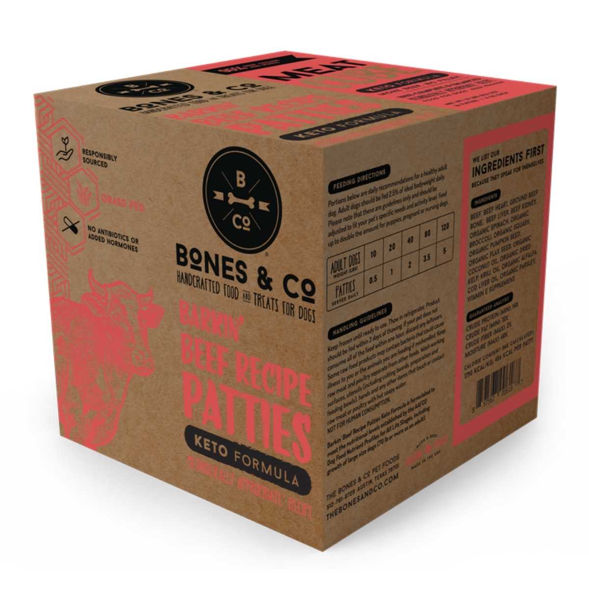 Bones & Co Frozen Raw Barkin' Beef Recipe Patties-18 lb BULK Meat Cube