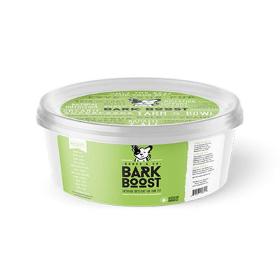 A green-labeled container of Bones & Co Bark Boost pet supplement, 12 oz, front view packaged product