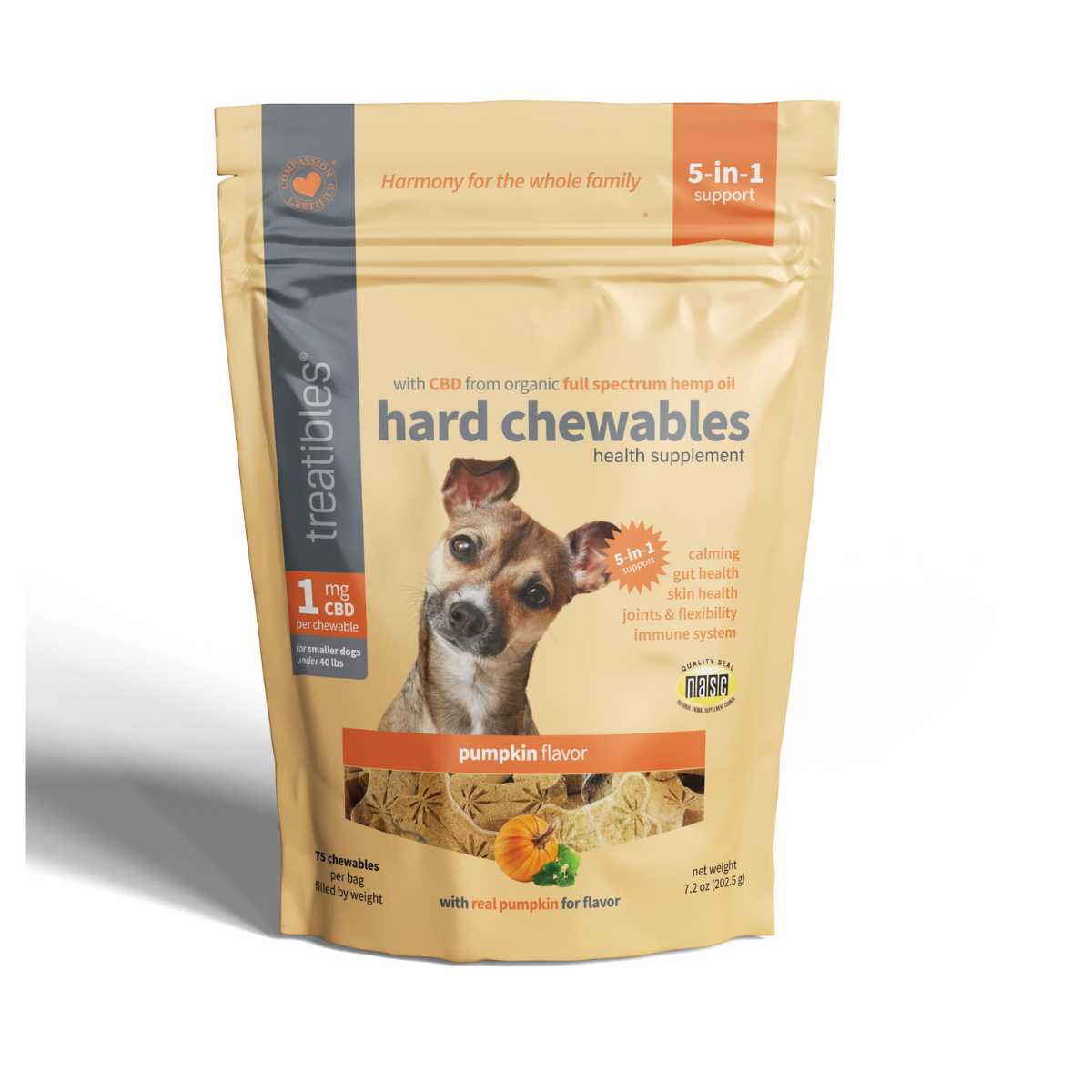 Treatibles Full Size-Small Pumpkin Hard Chews 1mg (75 ct)- 5 oz Bag