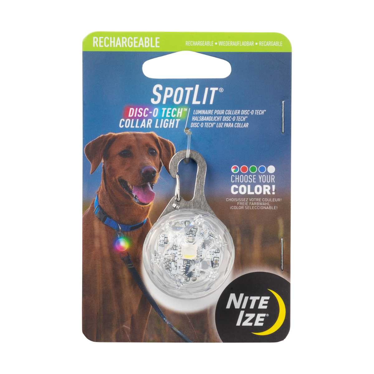 Packaged Nite Ize SpotLit Disc-O Tech rechargeable collar light with color options shown on blue card.