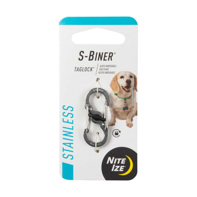 Packaged Nite Ize S-Biner Tag Lock stainless steel product with dog image on card.