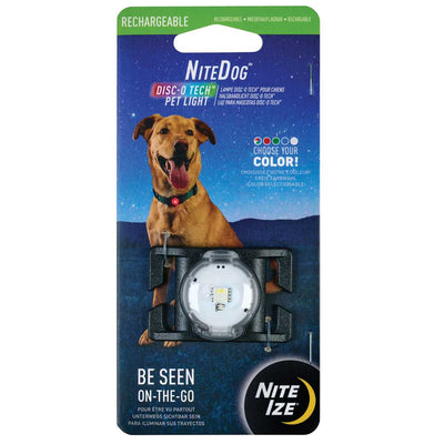 Packaged Nite Ize NiteDog rechargeable pet light with Disc-O Tech, showing a dog wearing the light on a collar.