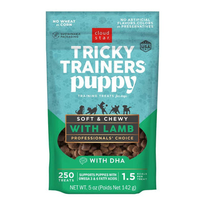 Front view of Cloud Star Tricky Trainers puppy training treats with lamb flavor in a 5 oz bag.