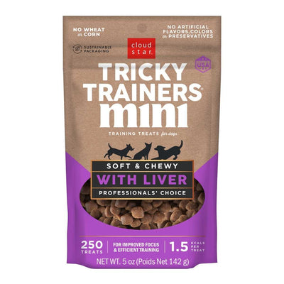 Front view of Cloud Star Tricky Trainers Mini training treats with liver flavor in a 5 oz bag.