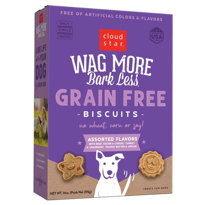 Front view of a purple Cloud Star Wag More Bark Less grain free biscuit box with assorted flavors and a dog illustration.
