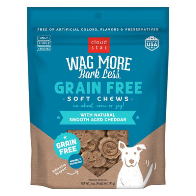 Front view of Cloud Star Wagmore Grain Free Soft Chews in a blue and brown package with cheddar flavor and 5 oz size.