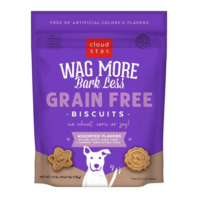 Front view of a purple and brown Cloud Star Wag More Bark Less grain-free biscuit bag with assorted flavors and a dog illustration.