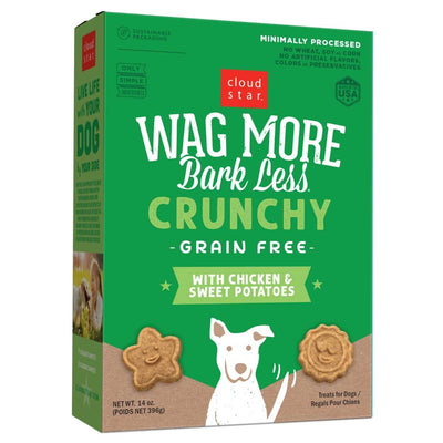 Front view of a green Cloud Star Wag More Bark Less Crunchy Grain Free dog treat box with chicken and sweet potato flavor, 14 oz.