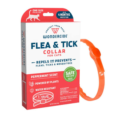 Packaged Wondercide Flea & Tick Collar for Cats in orange with peppermint scent, front view.