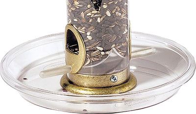 Close-up of a clear plastic round seed tray with a brass bird feeder insert holding mixed seeds.