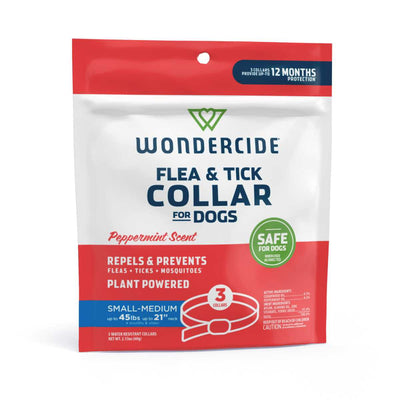 Packaged Wondercide flea & tick collar for dogs, peppermint scent, small-medium size, front view.