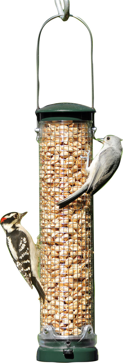 Green Quick-Clean Mesh Peanut Feeder with two birds perched on it, filled with peanuts.