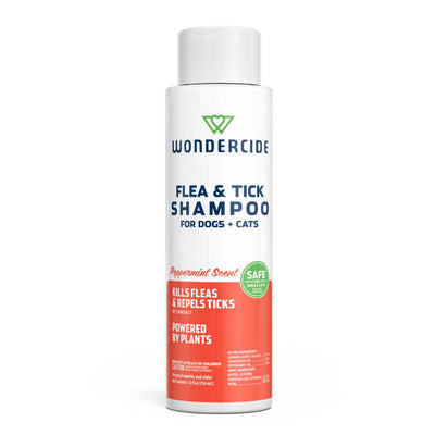 Front view of a white and orange Wondercide Flea & Tick Shampoo bottle with Peppermint Scent, 12 oz.