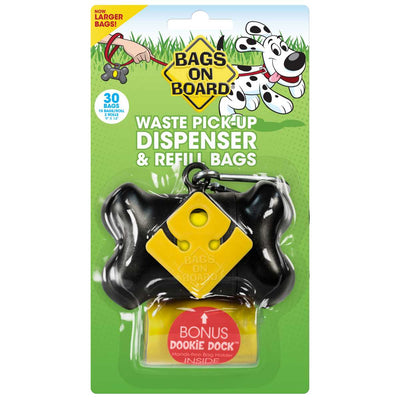 Packaged Bags On Board waste pick-up dispenser with black bone-shaped holder and yellow label, containing 30 bags.