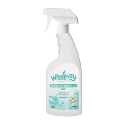 White spray bottle with 'Wee Away Refresh for Kitty Litter' label, 16 oz, front view, packaged product