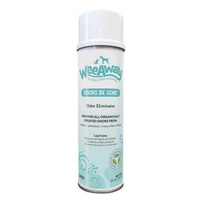 Front view of a white and light blue Wee Away Odors Be Gone odor eliminator spray bottle, 18 oz.