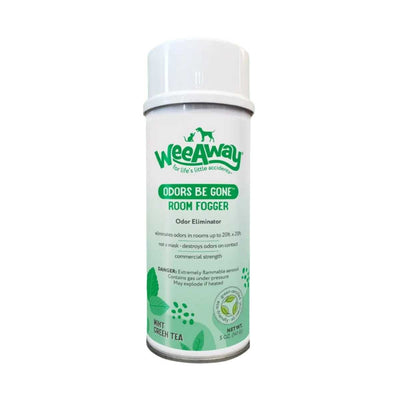 Front view of a white and light green Wee Away Odors Be Gone Room Fogger can with Mint Green Tea flavor, 5 oz size.