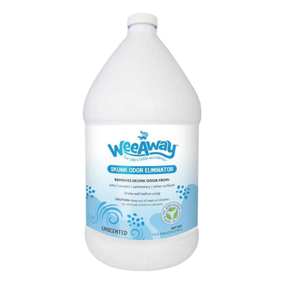 Front view of a white 1 U.S. gallon bottle of Wee Away Skunk Odor Eliminator, unscented.