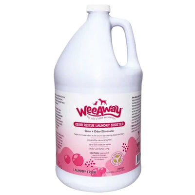 A white gallon jug of Wee Away Odor Rescue Laundry Booster with pink label and handle, front view.
