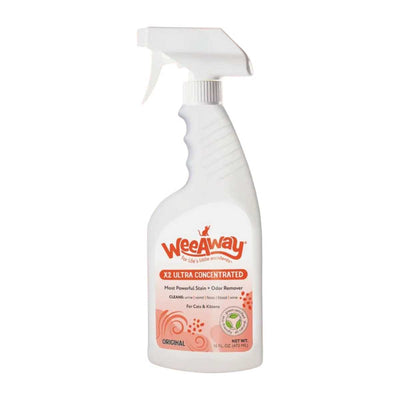 White spray bottle with orange label reading 'WeeAway X2 Ultra Concentrated' for cats, 16 fl oz.