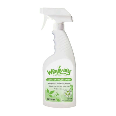 Front view of a white Wee Away spray bottle with green label showing Green Tea flavor and 16 fl oz size.