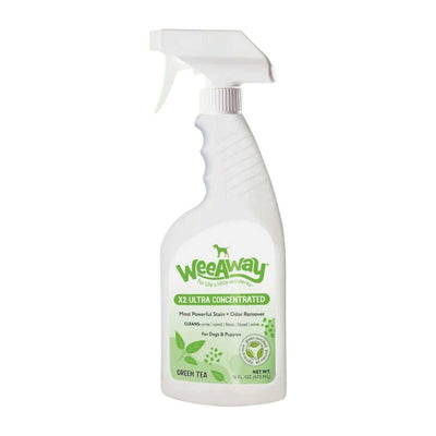 White spray bottle with green label for Wee Away Green Tea X2 Ultra Concentrated, 16 fl oz, front view of packaged product