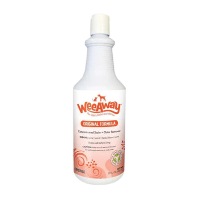 Front view of a white bottle with orange label for Wee Away Original Formula concentrated stain and odor remover, 32 fl oz.