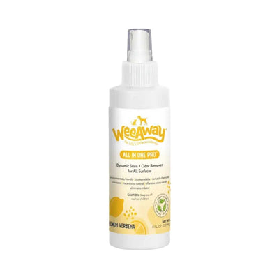 Front view of a white Wee Away All In One Pro Lemon Verbenaspray bottle with yellow label and lemon graphics.