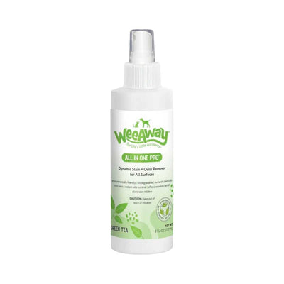 Front view of a white Wee Away All In One Pro Green Tea stain and odor remover spray bottle, 8 fl oz.
