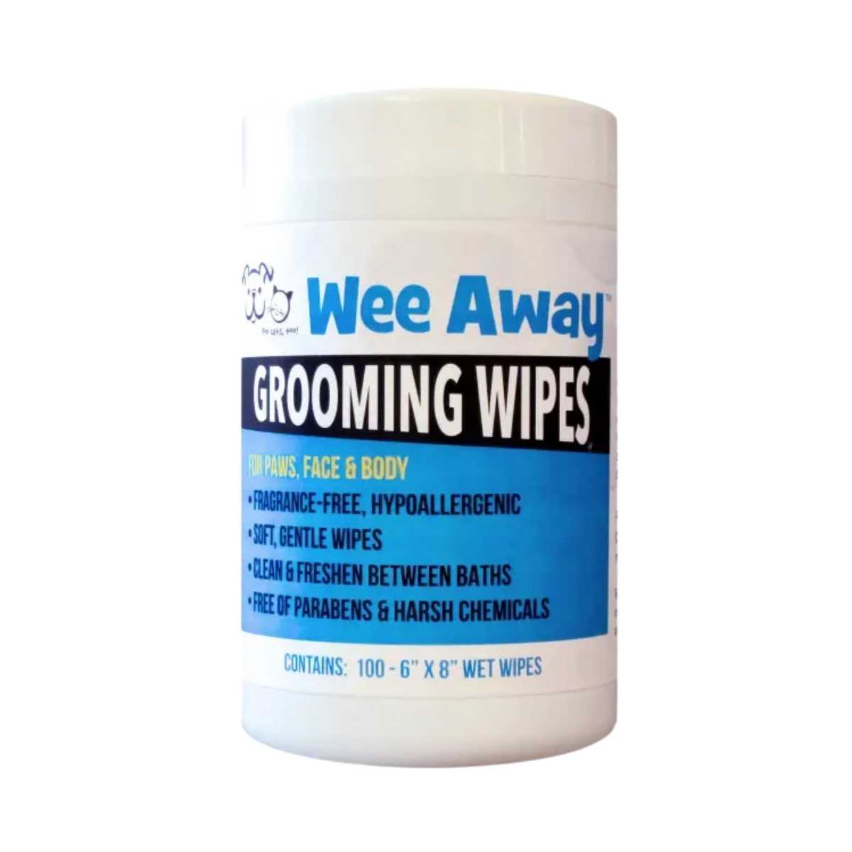 Front view of a white container of Wee Away Grooming Wipes with blue and black labeling.