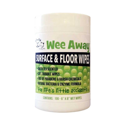 Packaged product: Wee Away Surface & Floor Wipes container with green tea scent label
