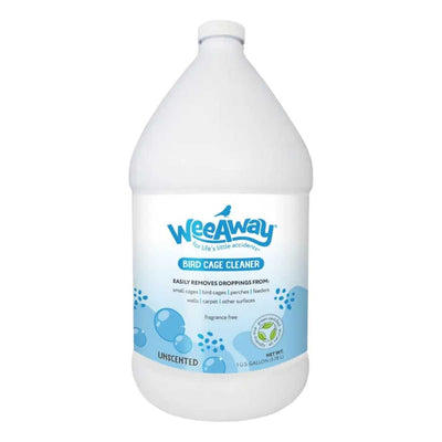Front view of a white 1 U.S. gallon bottle of WeeAway Bird Cage Cleaner with blue label